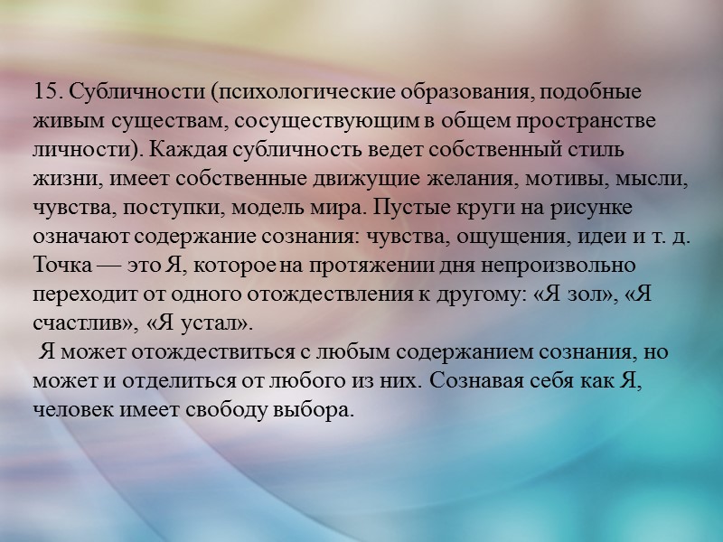 15. Субличности (психологические образования, подобные живым существам, сосуществующим в общем пространстве личности). Каждая субличность